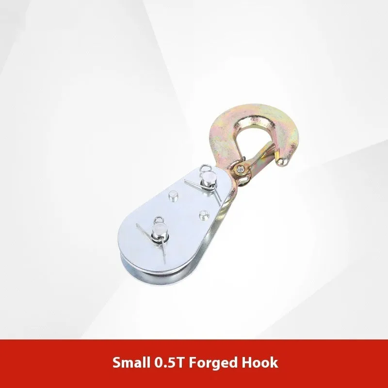 Red industrial forged steel lifting pulley with safety latch on hook for general load lifting.