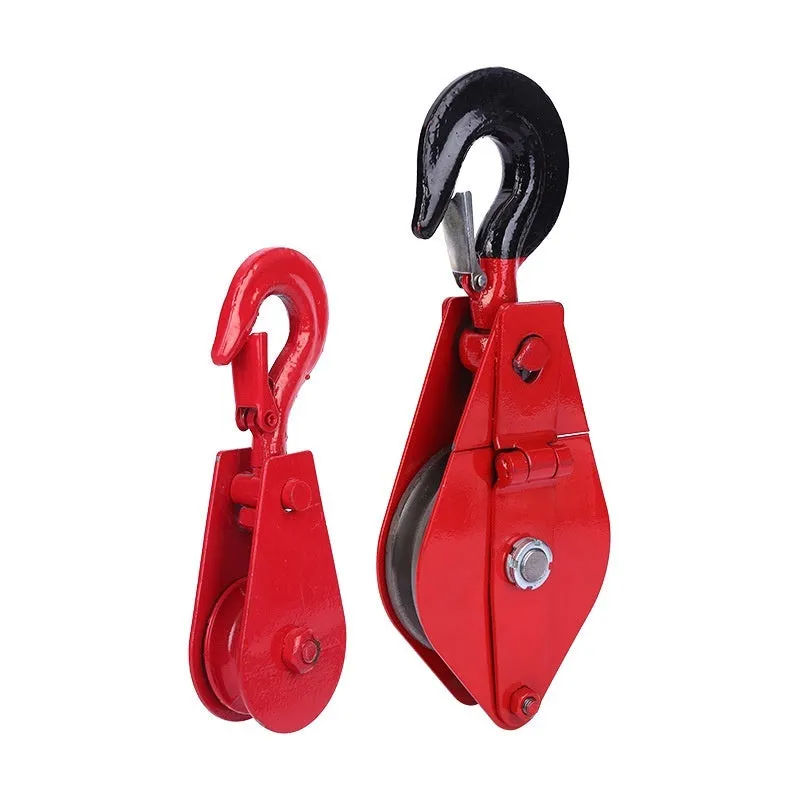 Red industrial forged steel lifting pulley with safety latch on hook for general load lifting.