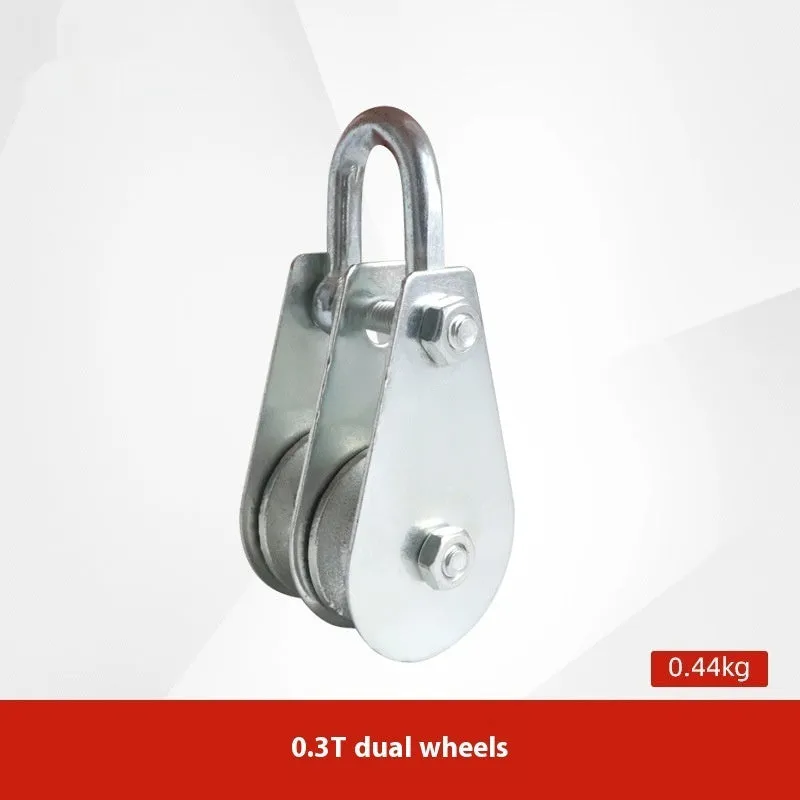 Red industrial forged steel lifting pulley with safety latch on hook for general load lifting.