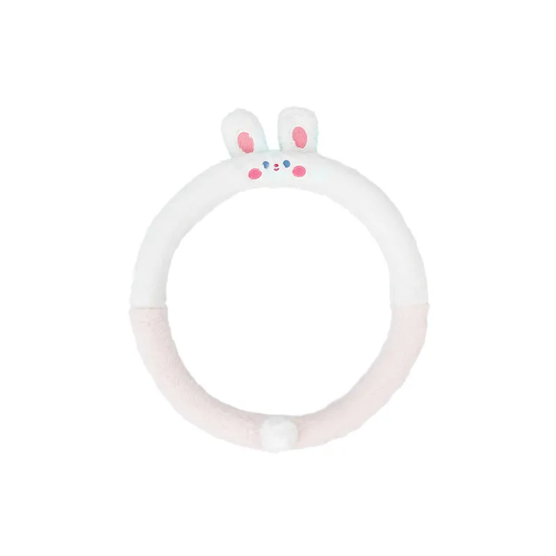 Plush rabbit fur winter steering wheel cover with cute embroidered panda design, shown fitted on a car steering wheel.