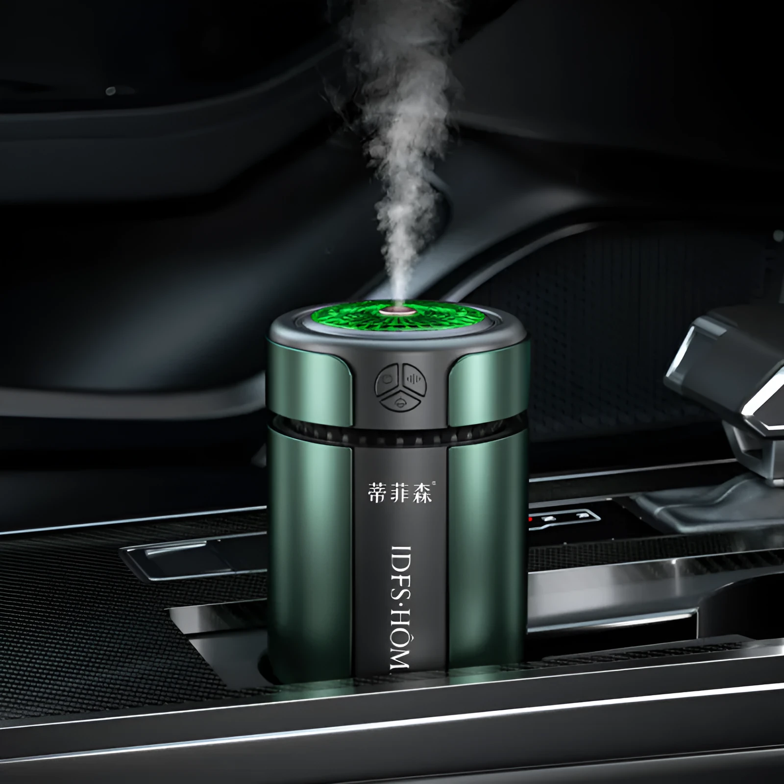 Three-speed adjustable smart rhythm car aroma diffuser in dark green, ABS aluminium alloy, with two essential oil bottles