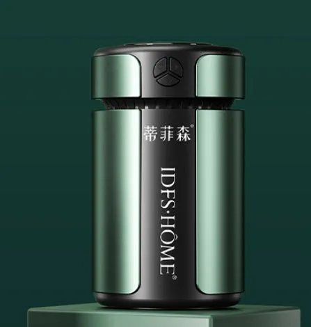 Three-speed adjustable smart rhythm car aroma diffuser in dark green, ABS aluminium alloy, with two essential oil bottles