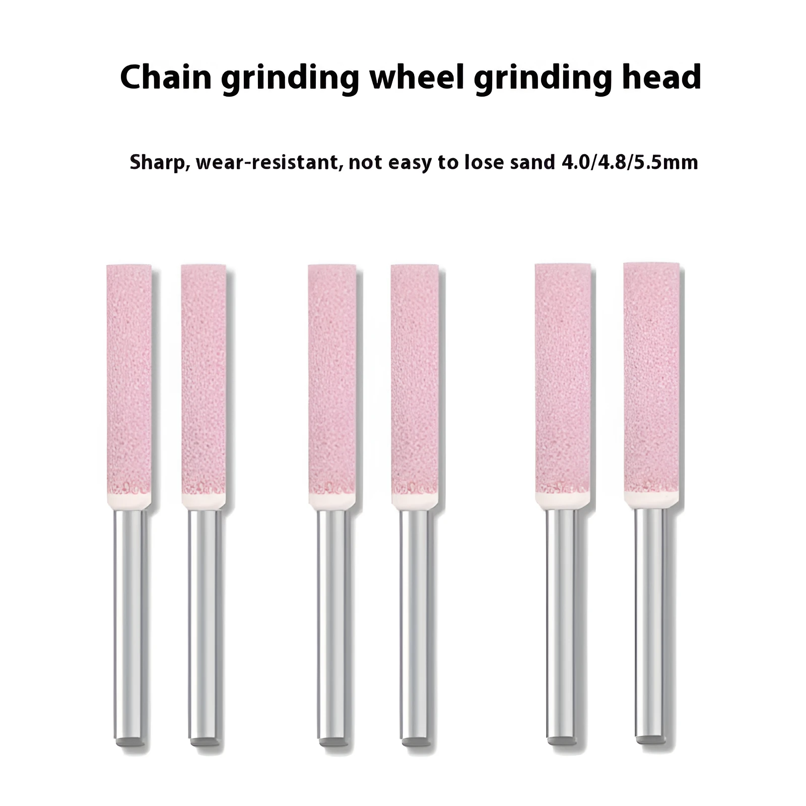 Set of three chrome steel jade ceramic cylindrical chainsaw sharpener grinding heads in 4.0mm, 4.8mm, and 5.5mm diameters