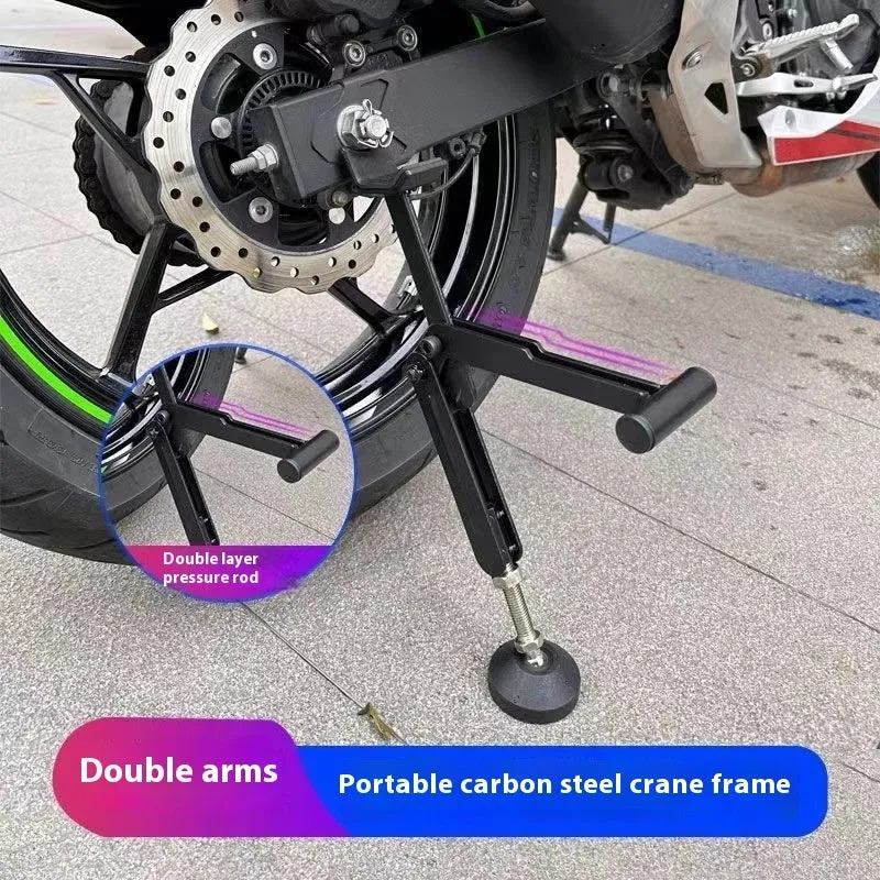 Universal steel motorcycle lifting stand for front and back wheel repair, single and double arm frame compatible, black finish