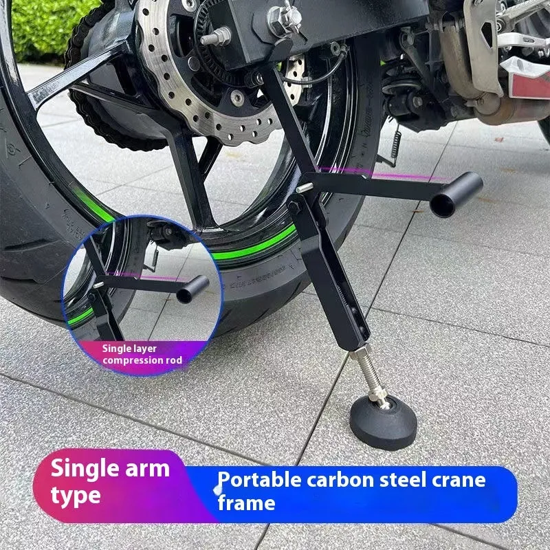 Universal steel motorcycle lifting stand for front and back wheel repair, single and double arm frame compatible, black finish