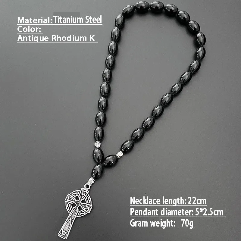 Cross beads metal car rearview mirror pendant with crown and Roman numerals in Ancient Gold finish