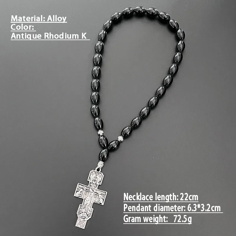 Cross beads metal car rearview mirror pendant with crown and Roman numerals in Ancient Gold finish