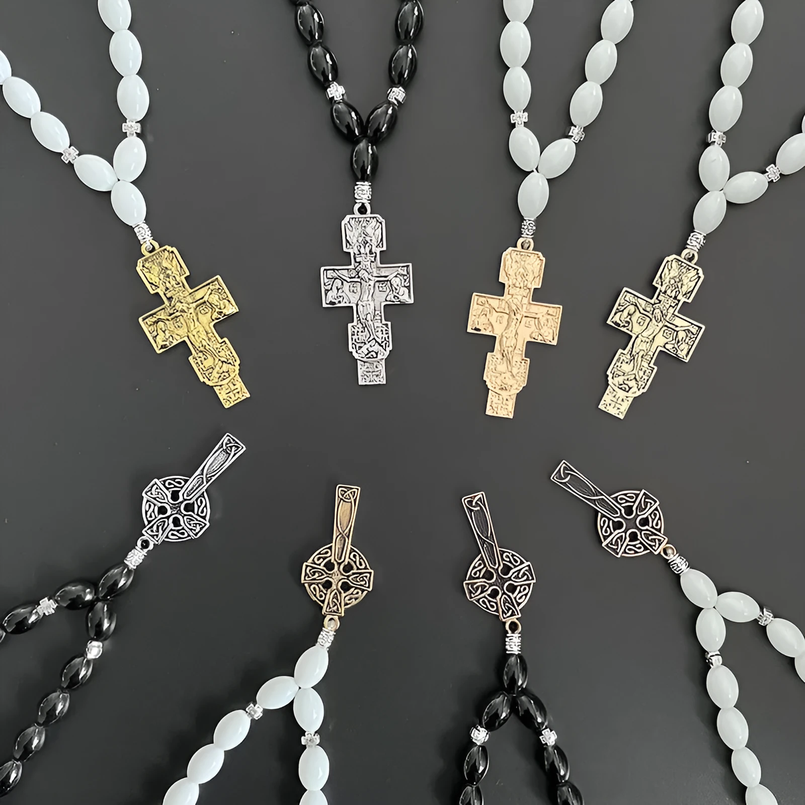 Cross beads metal car rearview mirror pendant with crown and Roman numerals in Ancient Gold finish