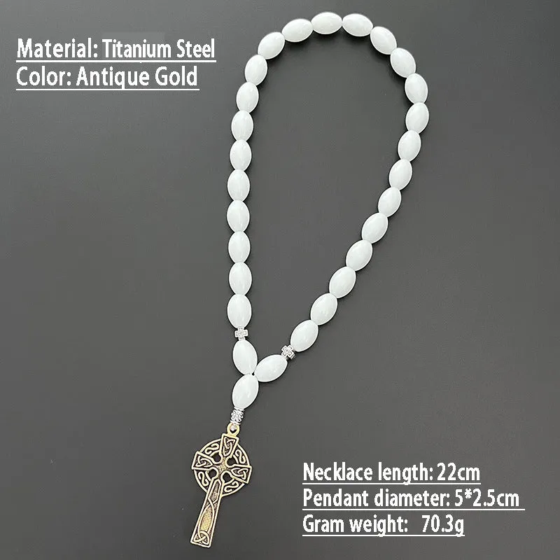 Cross beads metal car rearview mirror pendant with crown and Roman numerals in Ancient Gold finish