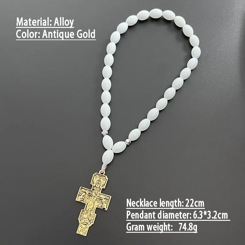 Cross beads metal car rearview mirror pendant with crown and Roman numerals in Ancient Gold finish