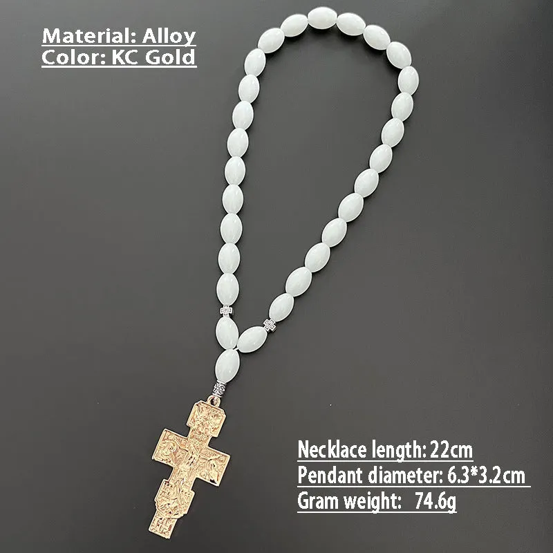 Cross beads metal car rearview mirror pendant with crown and Roman numerals in Ancient Gold finish
