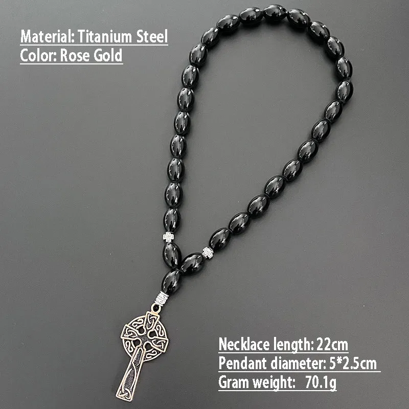 Cross beads metal car rearview mirror pendant with crown and Roman numerals in Ancient Gold finish