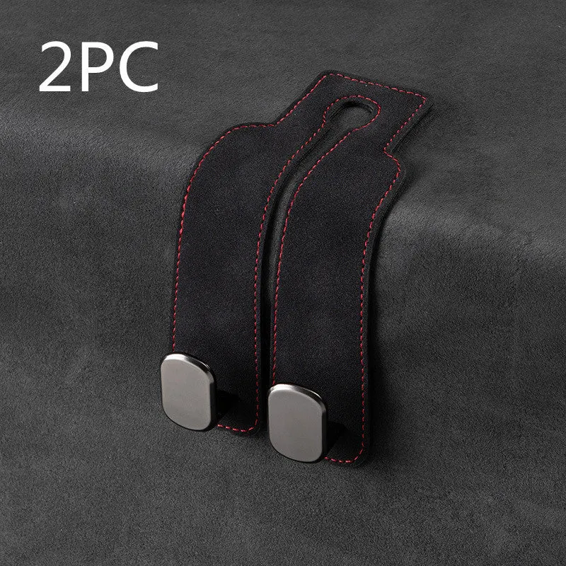 Multifunctional suede car seat back double hook in black with two hanging points for bags and accessories