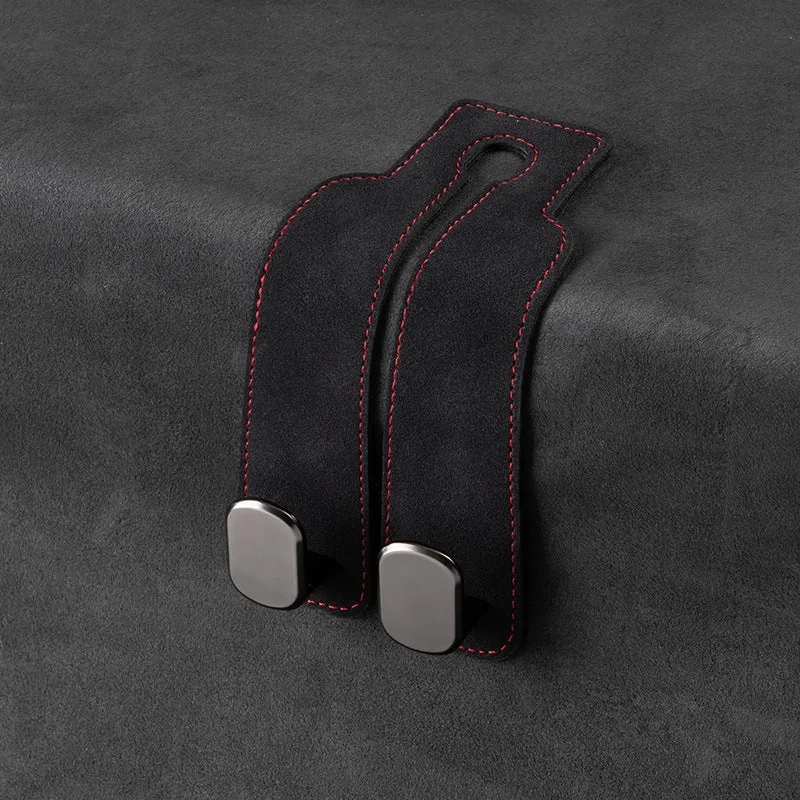 Multifunctional suede car seat back double hook in black with two hanging points for bags and accessories