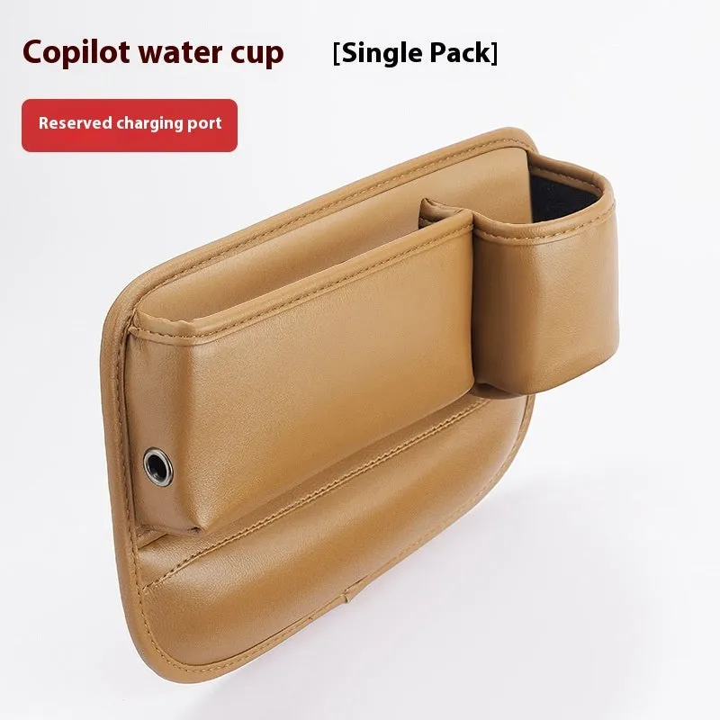 Car seat gap storage box with water cup holder in waterproof leather, black colour option for driver side