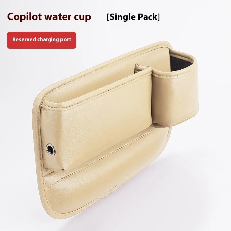 Car seat gap storage box with water cup holder in waterproof leather, black colour option for driver side