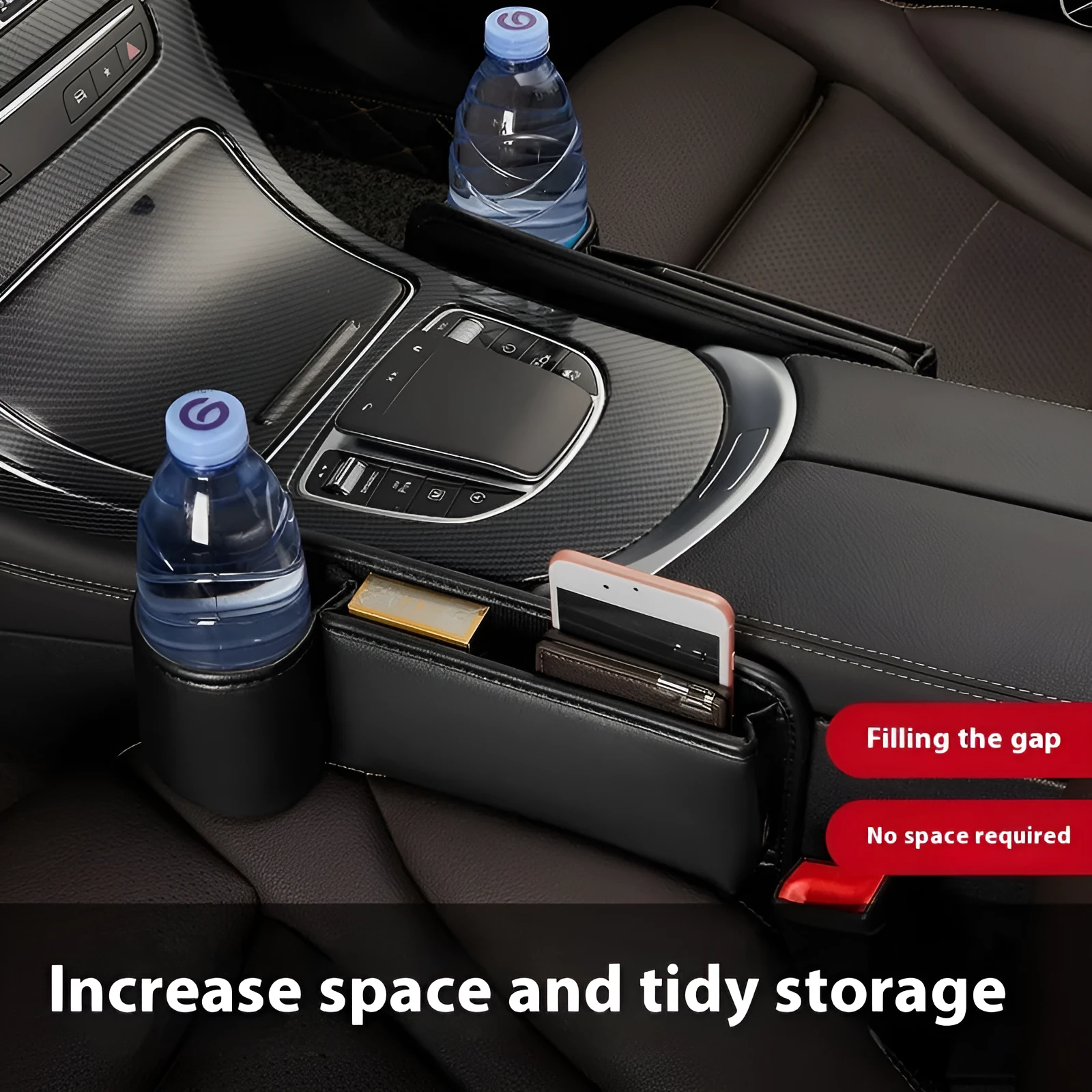 Car seat gap storage box with water cup holder in waterproof leather, black colour option for driver side