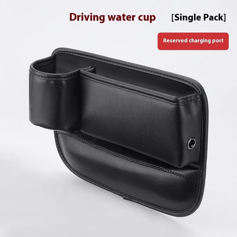 Car seat gap storage box with water cup holder in waterproof leather, black colour option for driver side