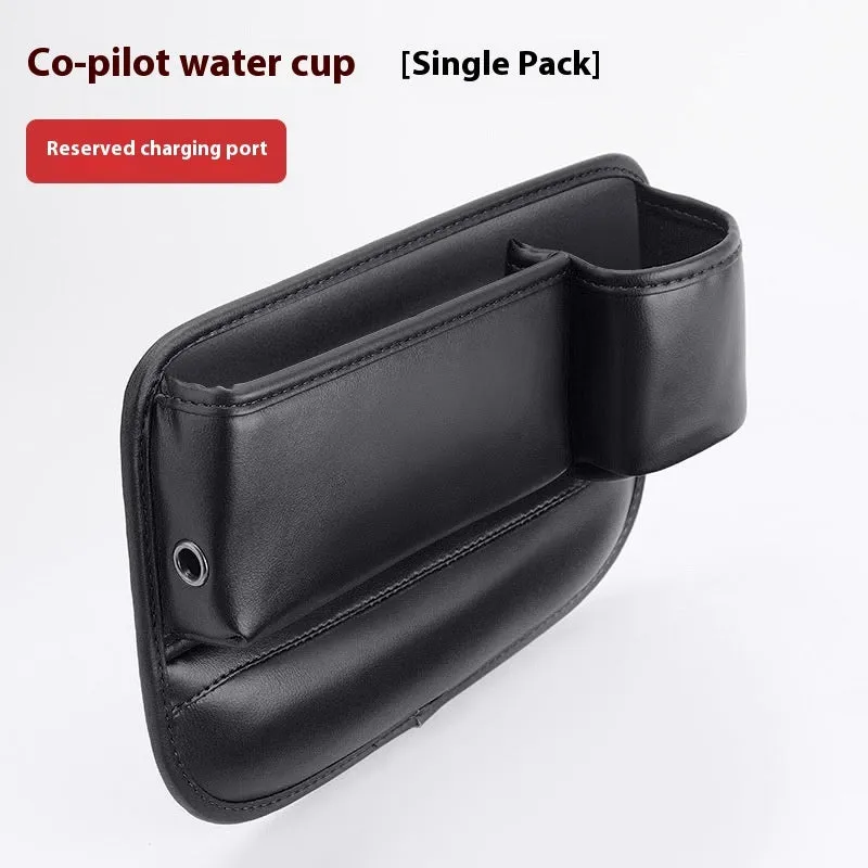 Car seat gap storage box with water cup holder in waterproof leather, black colour option for driver side