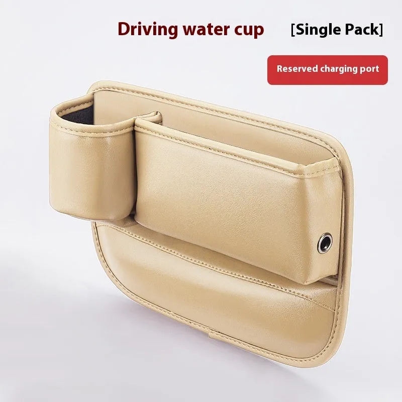 Car seat gap storage box with water cup holder in waterproof leather, black colour option for driver side