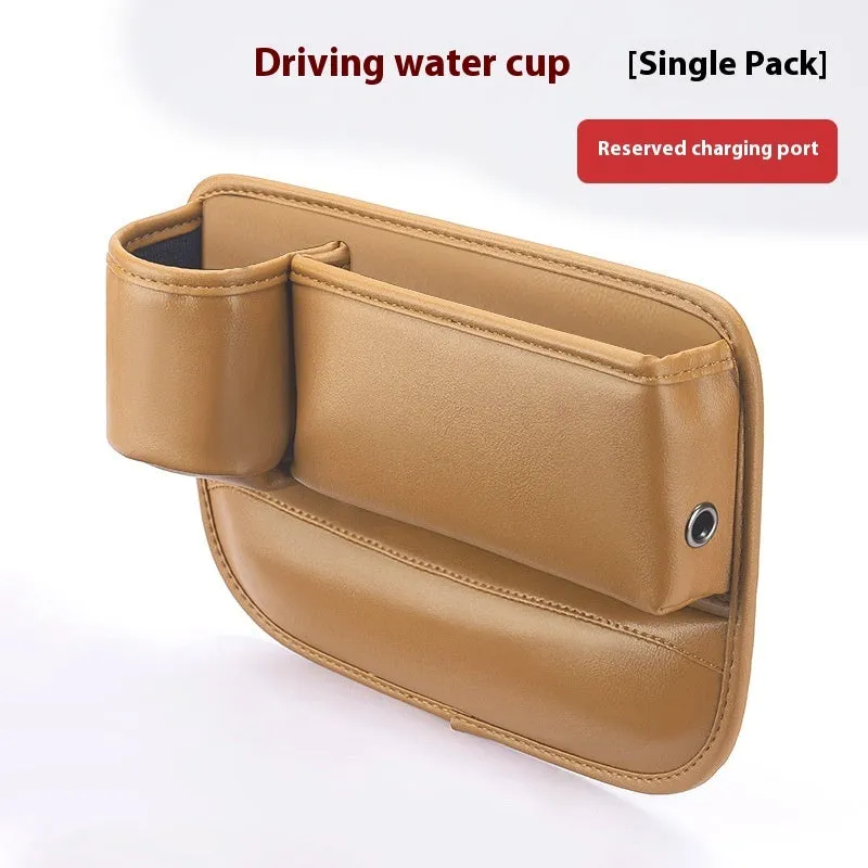 Car seat gap storage box with water cup holder in waterproof leather, black colour option for driver side