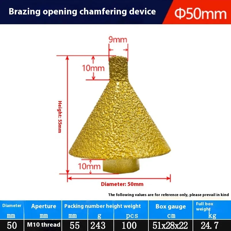 Brazing diamond chamfering machine with metal alloy bond, M10 thread, 50mm diameter, on ceramic tile