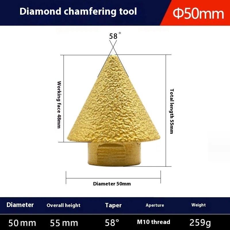 Brazing diamond chamfering machine with metal alloy bond, M10 thread, 50mm diameter, on ceramic tile