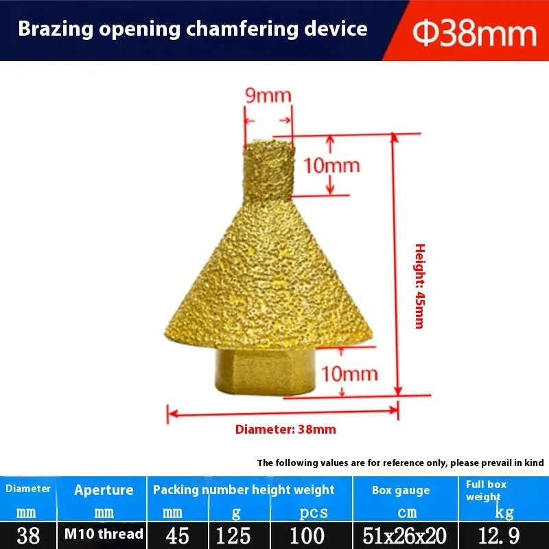 Brazing diamond chamfering machine with metal alloy bond, M10 thread, 50mm diameter, on ceramic tile