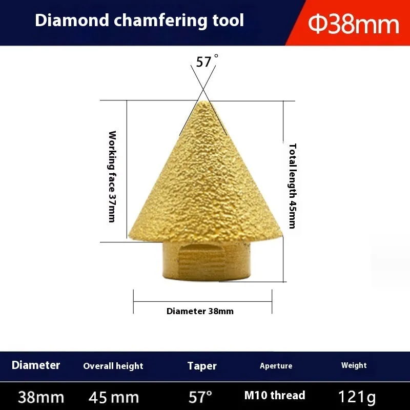 Brazing diamond chamfering machine with metal alloy bond, M10 thread, 50mm diameter, on ceramic tile