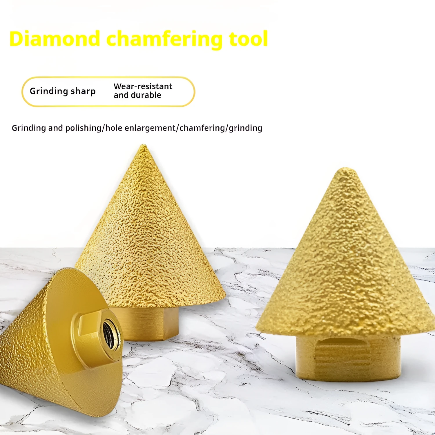 Brazing diamond chamfering machine with metal alloy bond, M10 thread, 50mm diameter, on ceramic tile