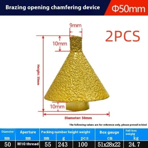 Brazing diamond chamfering machine with metal alloy bond, M10 thread, 50mm diameter, on ceramic tile