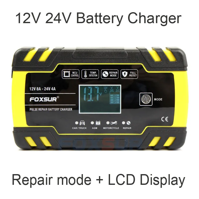 12V 24V battery charger with LCD screen for motorcycle car and truck lead-acid batteries