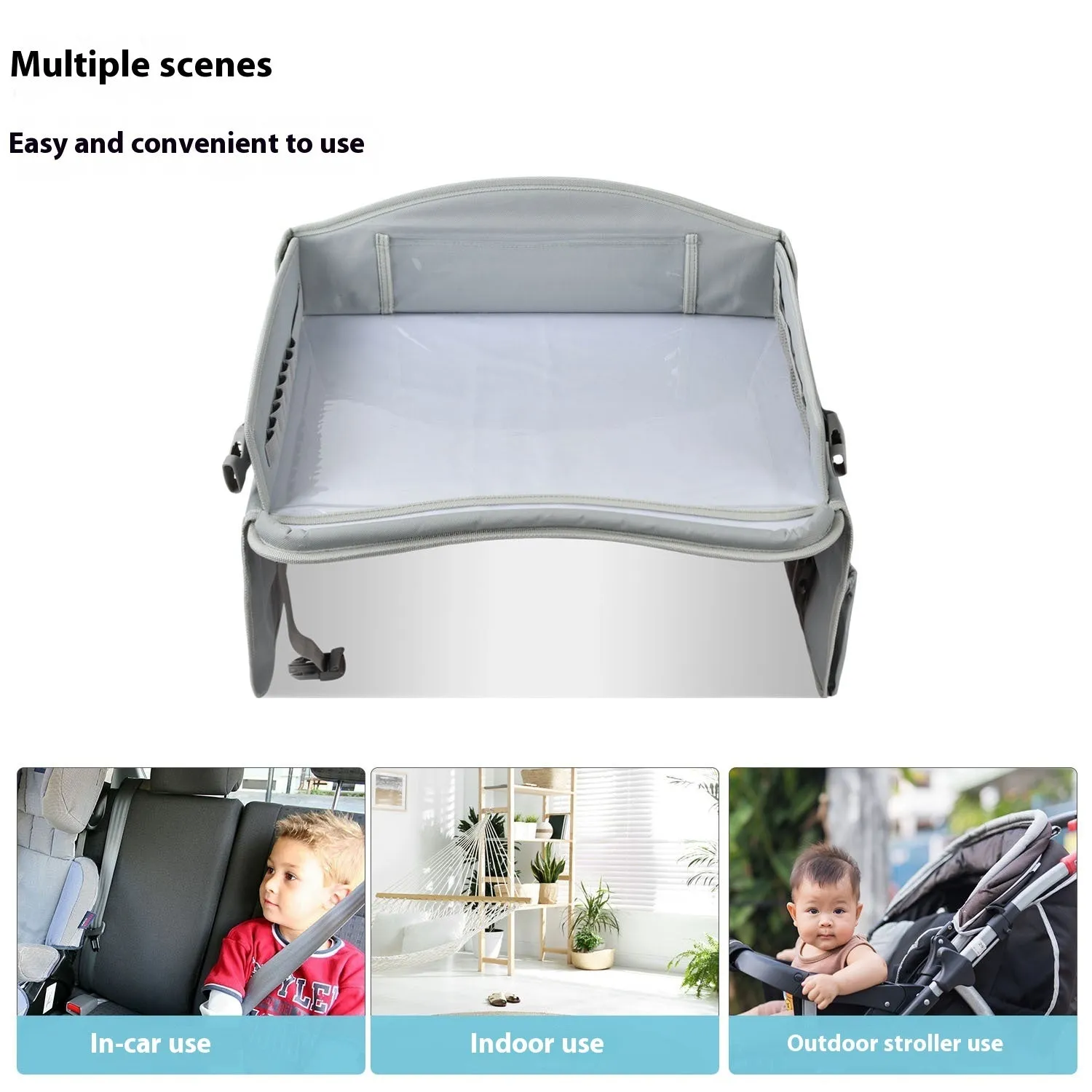 Gray portable car safety seat tray made from Oxford cloth measuring 43x36.5x30cm