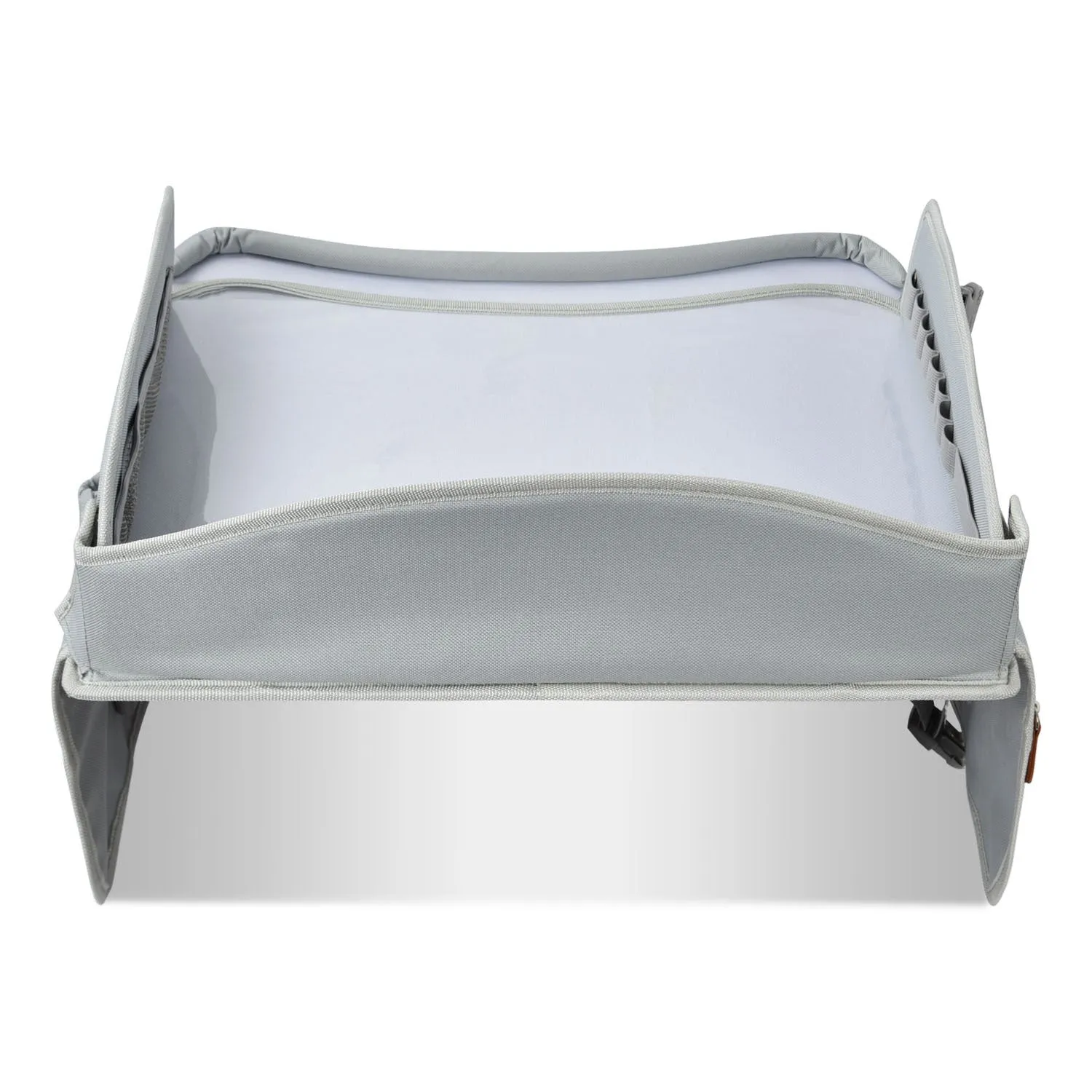 Gray portable car safety seat tray made from Oxford cloth measuring 43x36.5x30cm