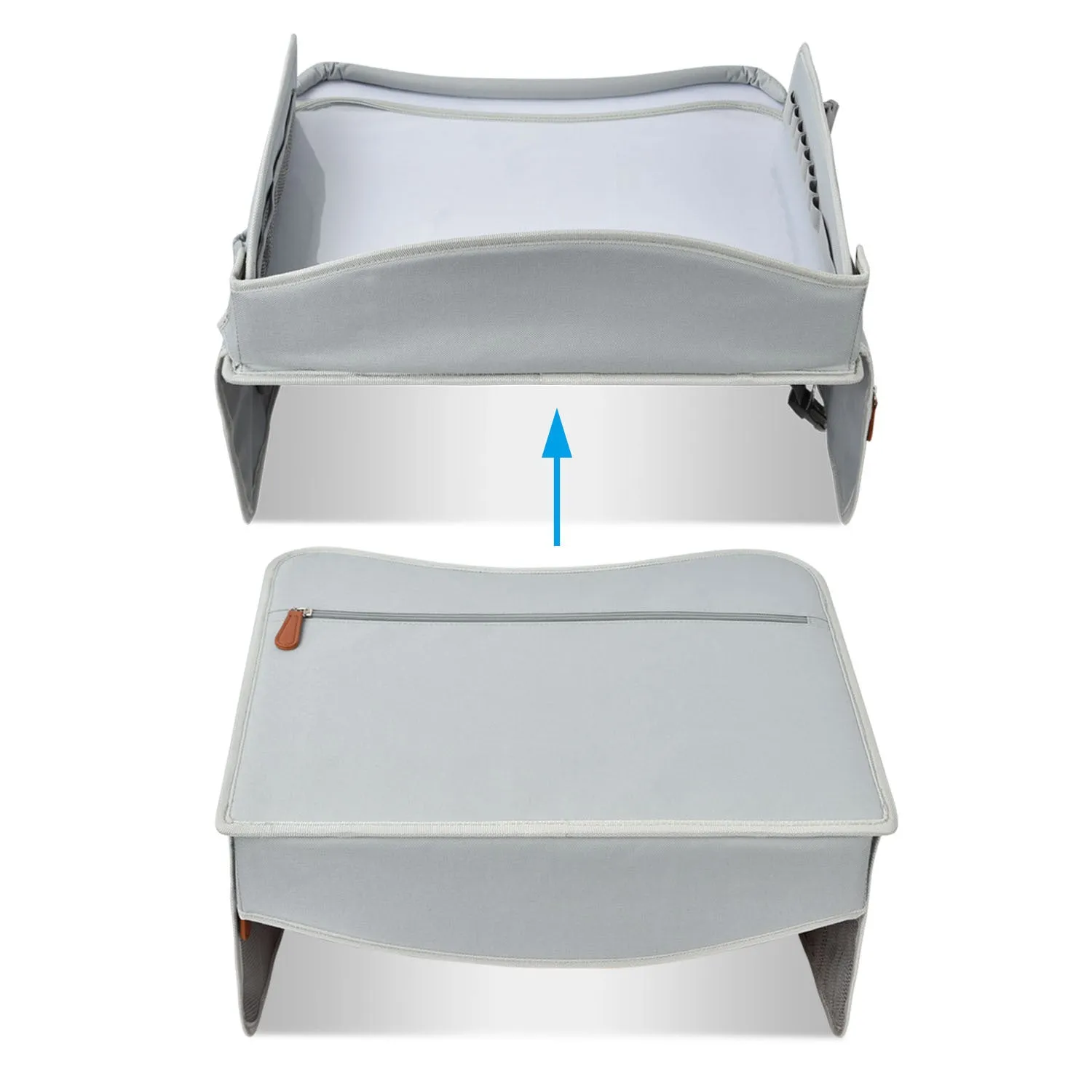 Gray portable car safety seat tray made from Oxford cloth measuring 43x36.5x30cm