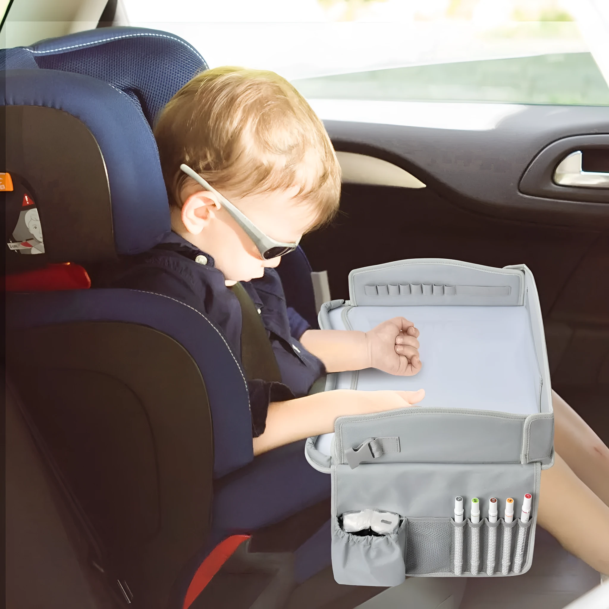 Gray portable car safety seat tray made from Oxford cloth measuring 43x36.5x30cm