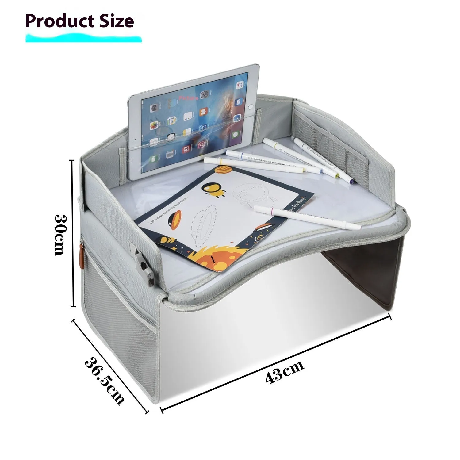 Gray portable car safety seat tray made from Oxford cloth measuring 43x36.5x30cm