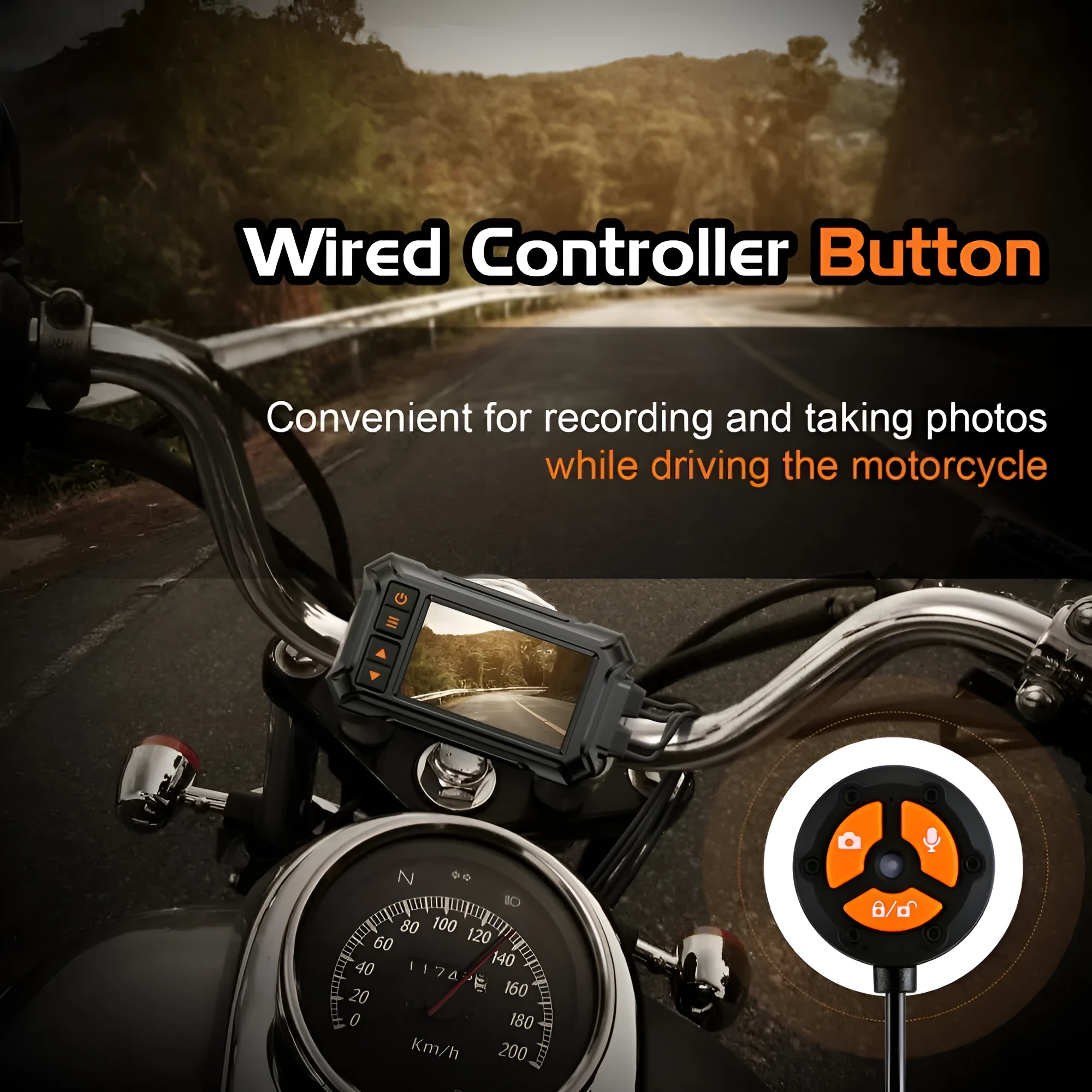 Motorcycle dual lens GPS tachograph dash cam recorder with display, two cameras, and GPS module.