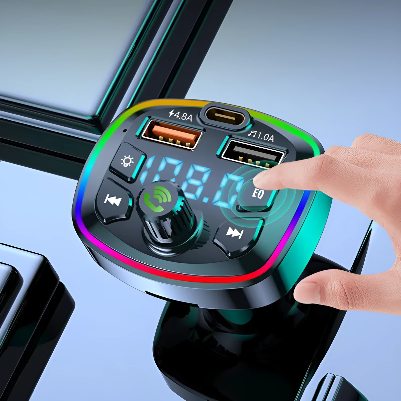Q7 Automotive MP3 Player Bluetooth FM Transmitter connected to car cigarette lighter socket, showing 1.1-inch display.