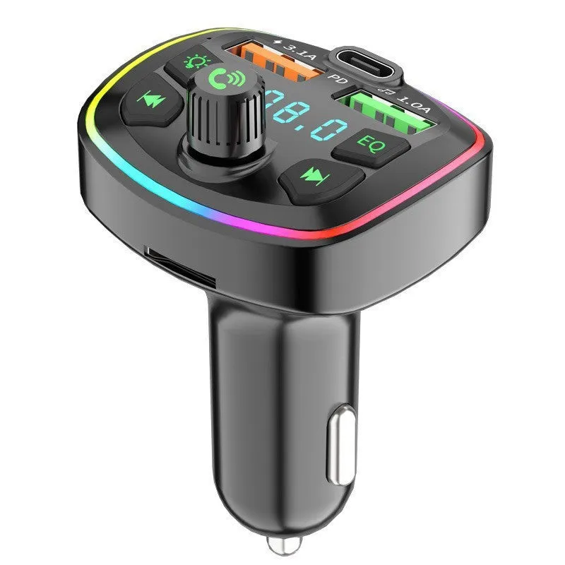 Q7 Automotive MP3 Player Bluetooth FM Transmitter connected to car cigarette lighter socket, showing 1.1-inch display.