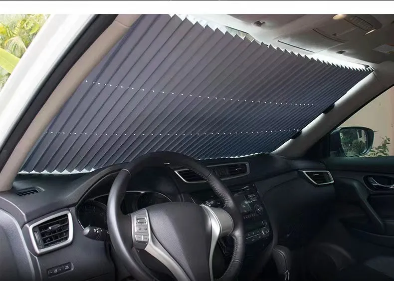 Automatic retractable reflective aluminum film car windscreen sunshade with suction cups in multiple sizes