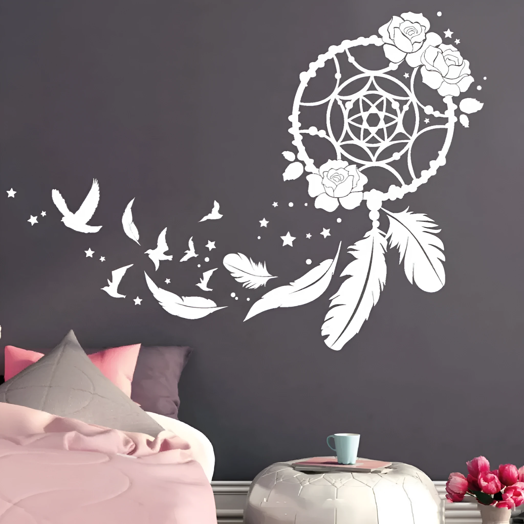 Creative dream catcher feather pattern white PVC wall sticker for bedroom decor 55x77cm