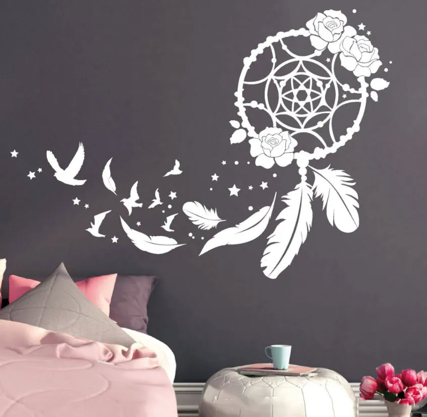 Creative dream catcher feather pattern white PVC wall sticker for bedroom decor 55x77cm