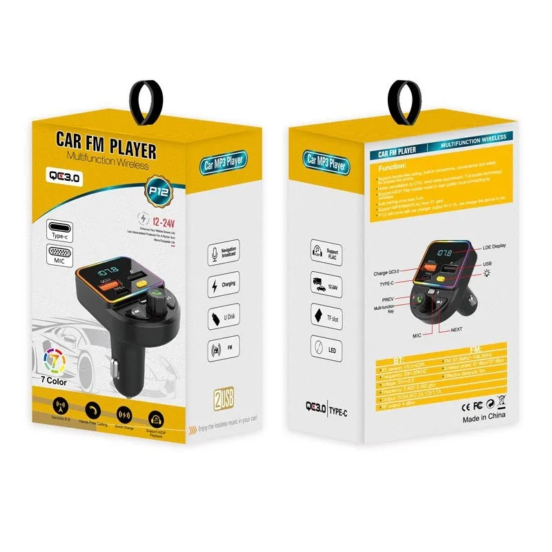 Car FM transmitter Bluetooth hands-free kit with 1.2-inch display and ABS body, plugged into cigarette lighter socket