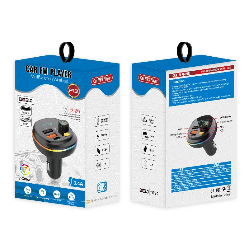 Car FM transmitter Bluetooth hands-free kit with 1.2-inch display and ABS body, plugged into cigarette lighter socket