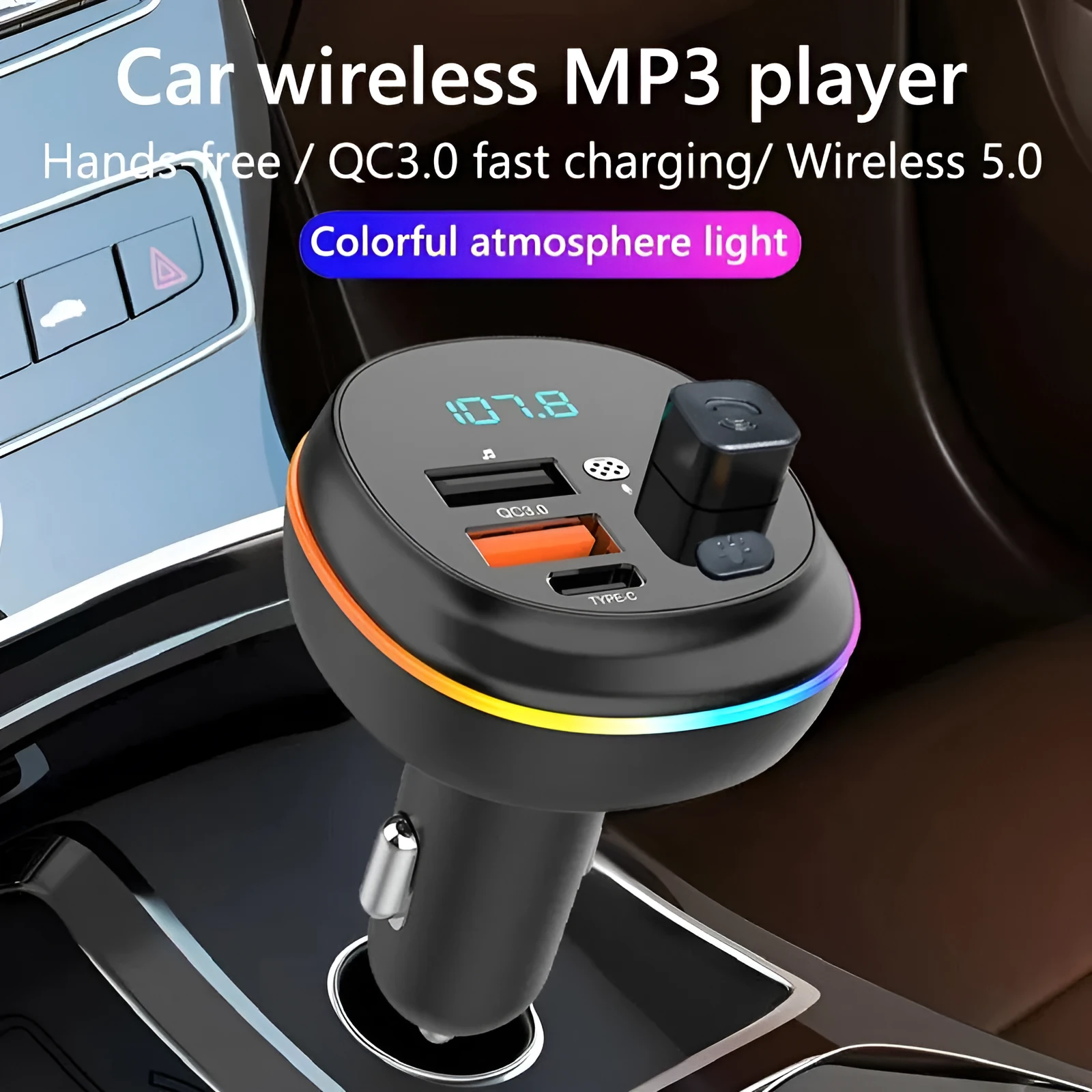 Car FM transmitter Bluetooth hands-free kit with 1.2-inch display and ABS body, plugged into cigarette lighter socket
