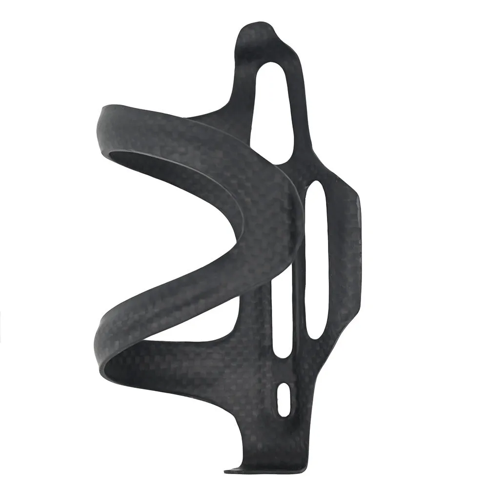 Black carbon fibre side-pull water bottle cage for road and mountain bikes.