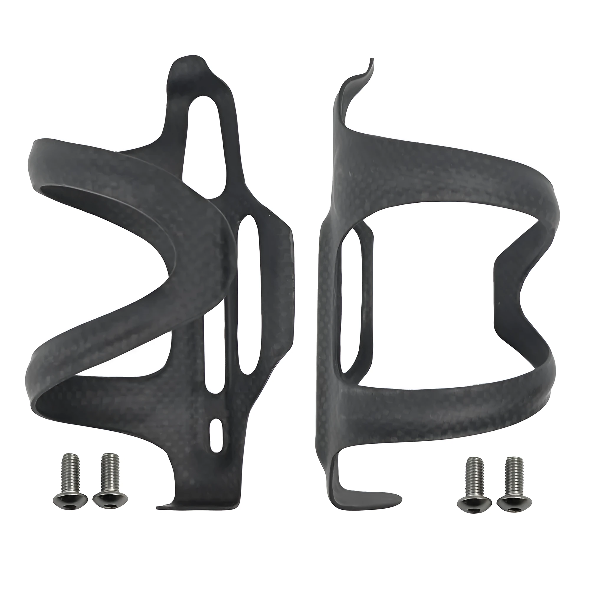Black carbon fibre side-pull water bottle cage for road and mountain bikes.