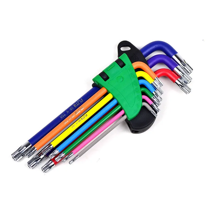 Hexagonal screwdriver torx inner hexagonal L-shaped wrench set with colour-coded plastic sleeve and black laser surface treatment