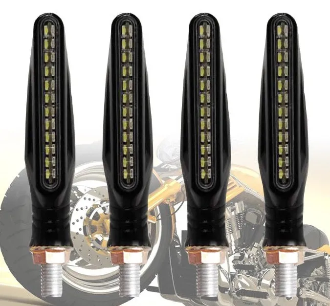 Four universal motorcycle LED turn signals with flowing water amber light, black flexible rubber housing, 2.5 x 11cm each